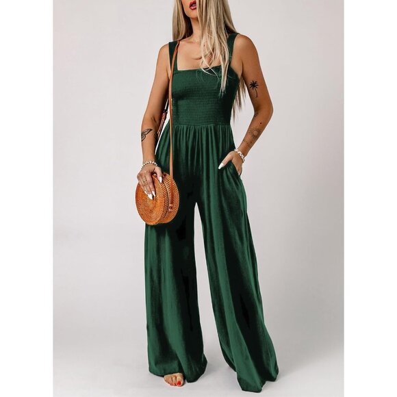 Emerald Smocked Wide Leg Jumpsuit - Picture 2 of 4